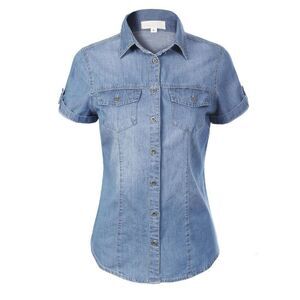 Design by Olivia Women's Cap Sleeve Button Down Denim Chambray Shirt NEEW NWt